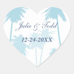 Blue Palm Trees Tropical Wedding Heart Sticker