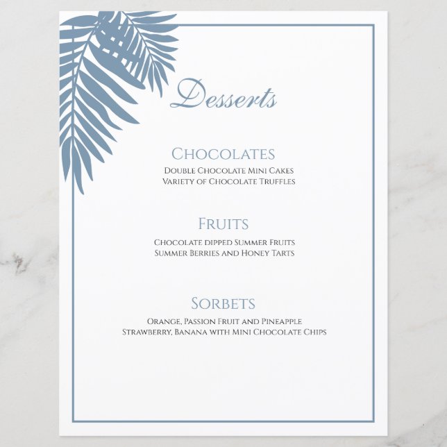 Blue Palm Wedding 8.5X11 Customisable Dessert Menu (Front)