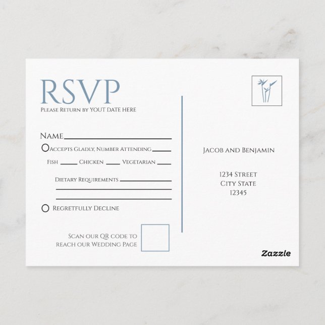 Blue Palm Wedding RSVP Postcard (Back)