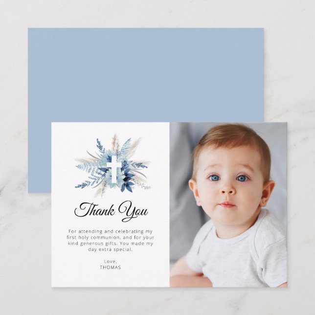 blue pampas floral first communion thank you card (Front/Back)