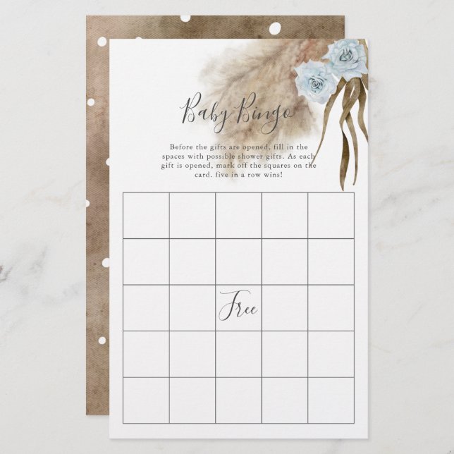 Blue Pampas Grass Baby Shower Bingo Game (Front/Back)