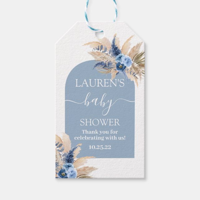 Blue Pampas Grass Baby Shower Boy Gift Tag (Front)