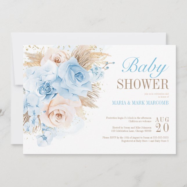 Blue Pampas Grass Bohemian Baby Shower Invitation (Front)