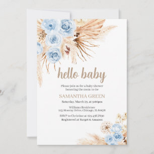 Blue Pampas Grass Boho Baby Shower Invitation