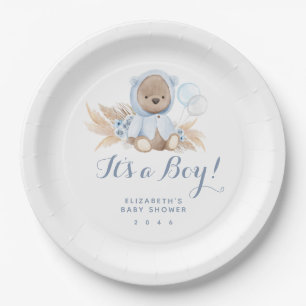 Blue Pampas Grass Boho Bear Baby Shower Paper Plat Paper Plate