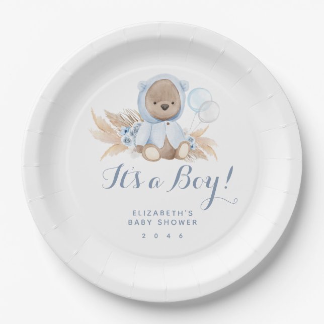 Blue Pampas Grass Boho Bear Baby Shower Paper Plat Paper Plate (Front)