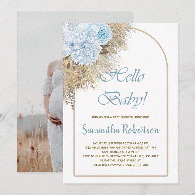 Blue Pampas Grass Boho Boy Baby Shower Photo Invitation (Front/Back)
