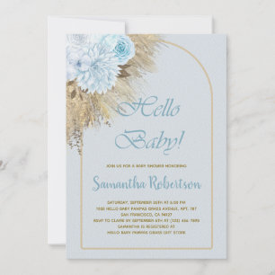 Blue Pampas Grass Boho Floral Boy Baby Shower Invitation