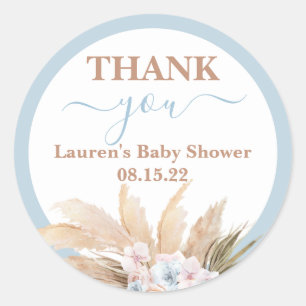 Blue Pampas Grass Boy Baby Shower Round Sticker