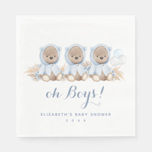 Blue Pampas Grass Triplet Bear Baby Shower Napkins