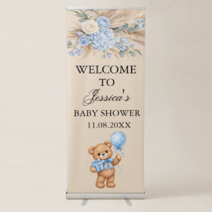 Blue Pampas Teddy Bear Roses Baby Shower Retractable Banner