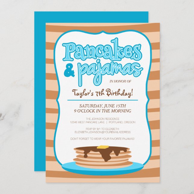 Blue Pancakes and Pyjamas Birthday Invitation (Front/Back)