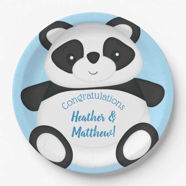 Blue Panda Bear Baby Shower Paper Plate (Front)