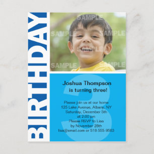 Blue Panel 3rd Birthday Invitation Postcard
