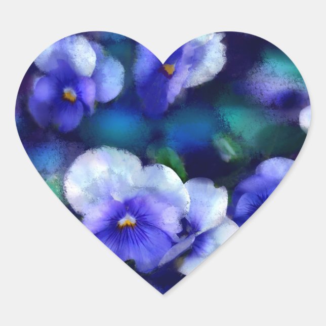 Blue Pansies Pansy Flower Floral Painting Heart Sticker (Front)