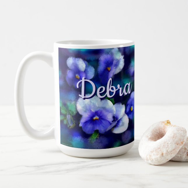 Blue Pansies Pansy Flower Floral Personalised Coffee Mug (With Donut)