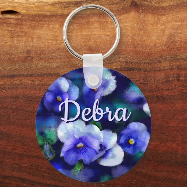 Blue Pansies Pansy Flower Floral Personalised Key Ring (Back)