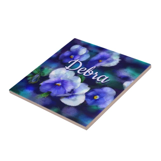 Blue Pansies Pansy Flower Floral Personalised Tile (Side)