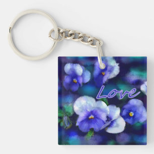 Blue Pansies Pansy Flower Floral Teal 'Love' Key Ring