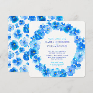 Blue pansies watercolor flower wedding invitations