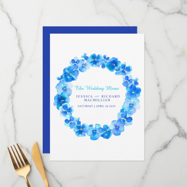 Blue pansy art flower wreath art wedding menu (Front/Back In Situ)