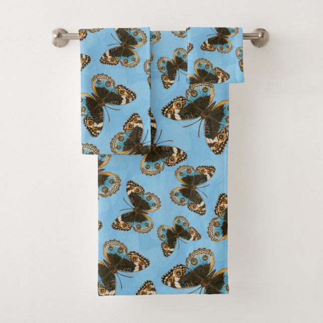 Blue Pansy Butterfly pattern Bath Towel Set (Insitu)
