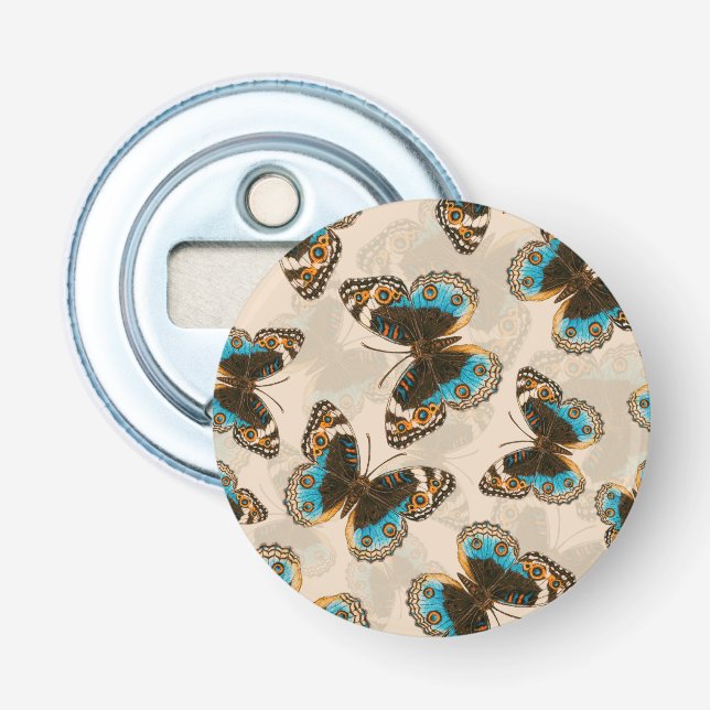 Blue Pansy Butterfly pattern on off white Bottle Opener (Front)