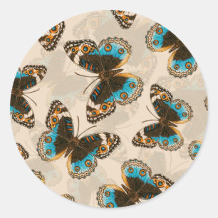 Blue Pansy Butterfly pattern on off white Classic Round Sticker