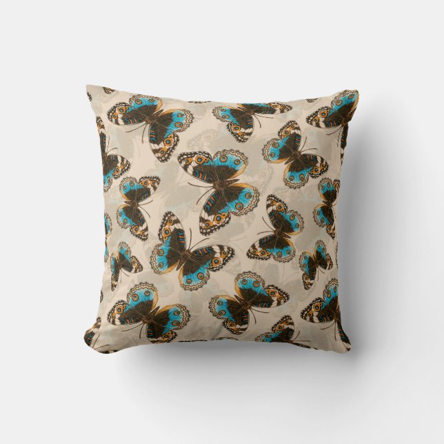 Blue Pansy Butterfly pattern on off white Cushion (Front)