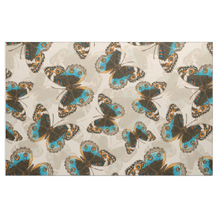 Blue Pansy Butterfly pattern on off white Fabric