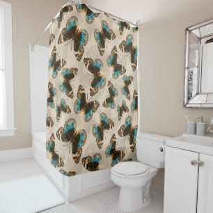 Blue Pansy Butterfly pattern on off white Shower Curtain