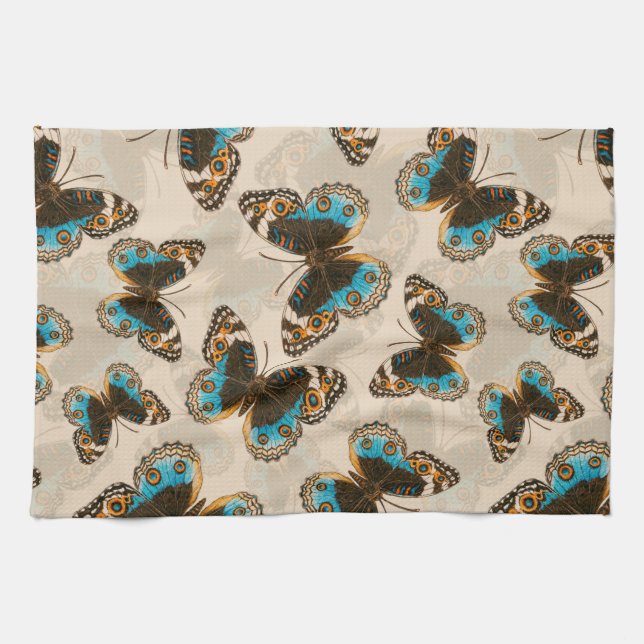 Blue Pansy Butterfly pattern on off white Tea Towel (Horizontal)
