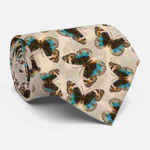 Blue Pansy Butterfly pattern on off white Tie