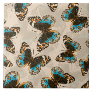 Blue Pansy Butterfly pattern on off white Tile