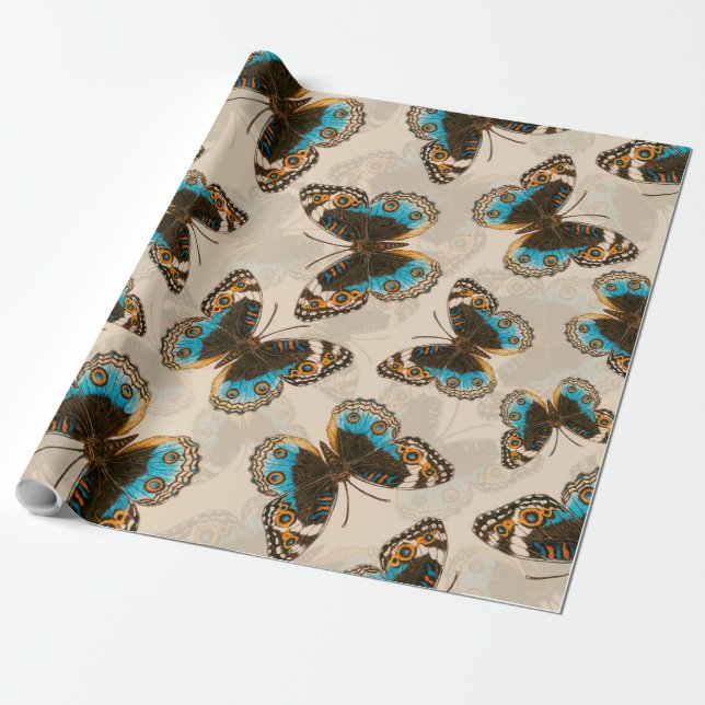 Blue Pansy Butterfly pattern on off white Wrapping Paper (Unrolled)