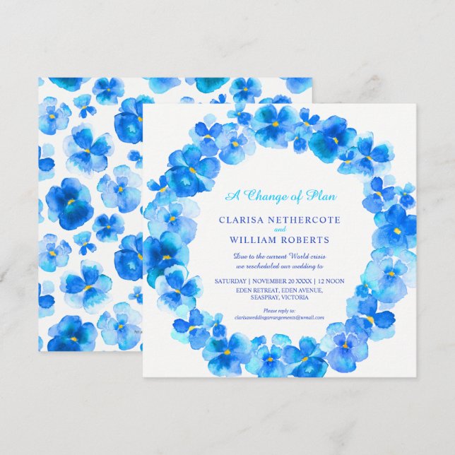 Blue pansy change of plan wedding rescheduled invitation (Front/Back)