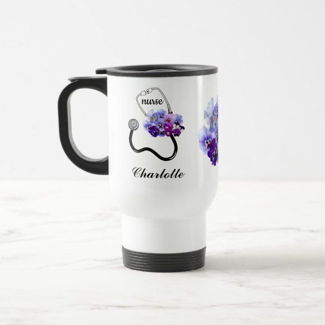 Blue Pansy Floral Doctor Nurse Stethoscope Travel Mug (Left)