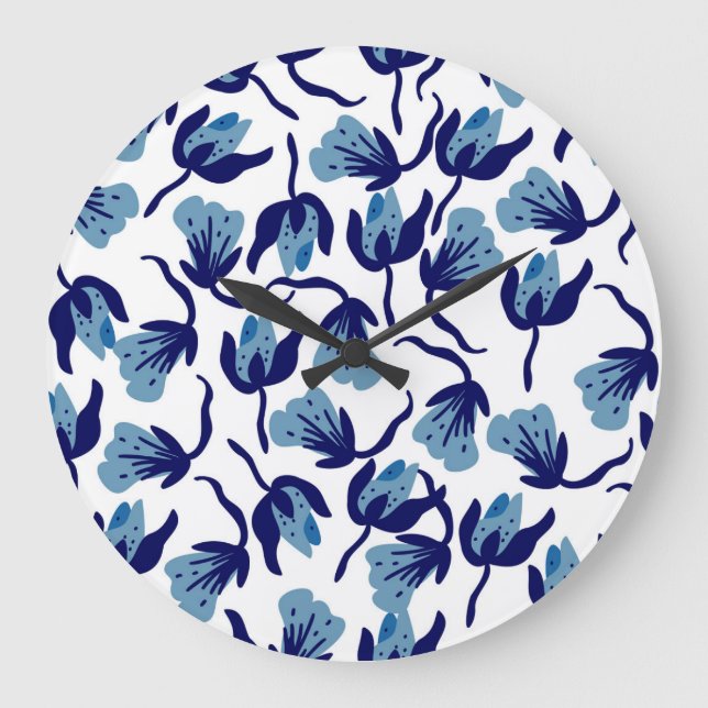 Blue Pansy Floral: Hand-Drawn Seamless. Large Clock (Front)