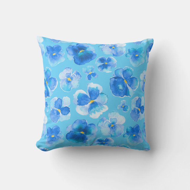 Blue pansy floral watercolor modern art pillow (Front)
