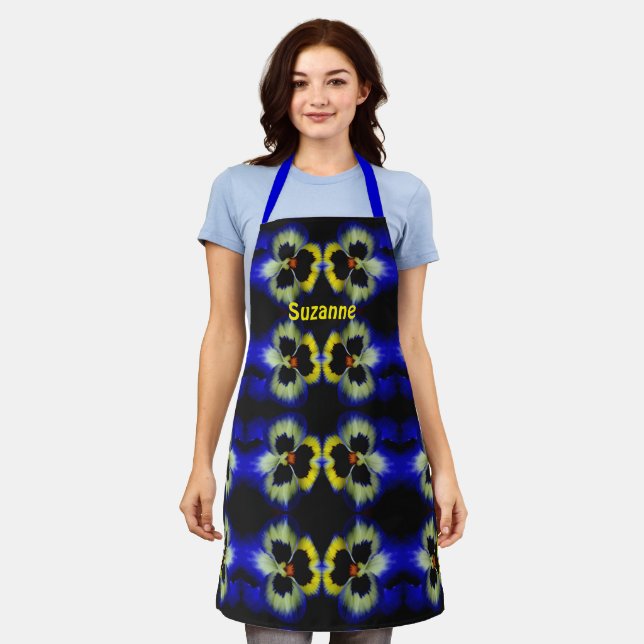 Blue Pansy Flower Abstract Pattern Personalised  Apron (Worn)