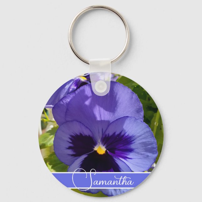 Blue Pansy Flower Floral Womans Name  Key Ring (Front)