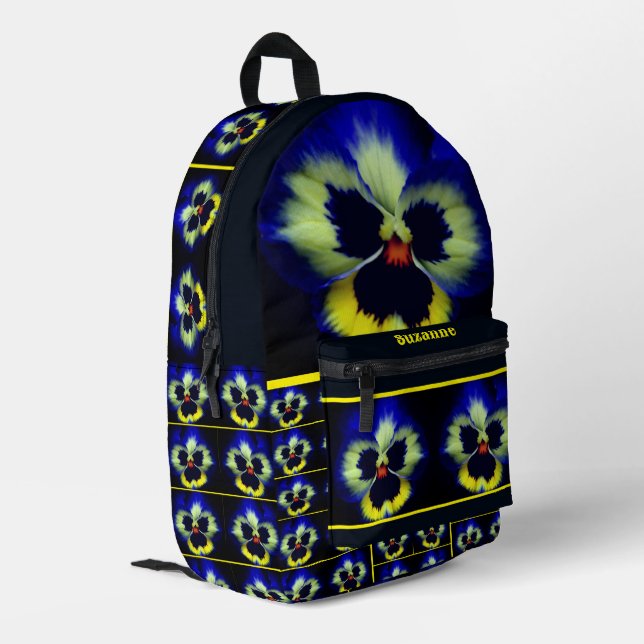 Blue Pansy Flower Personalised Printed Backpack (Back Corner Left)