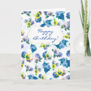 Blue Pansy Flowers floral pattern Happy Birthday Card