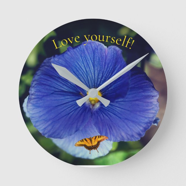 Blue pansy viola round clock (Front)