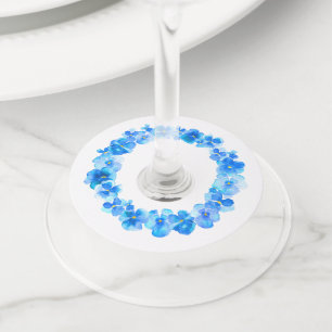 Blue pansy watercolor art flower wedding events wine glass tag