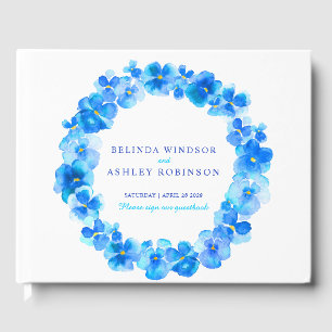 Blue pansy wreath watercolor wedding guest book