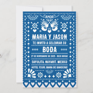 Blue Papel Picado Fiesta Folk Art Spanish Wedding Invitation