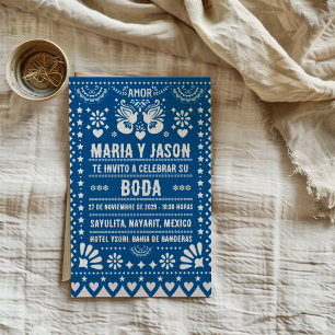 Blue Papel Picado Fiesta Folk Art Spanish Wedding Invitation
