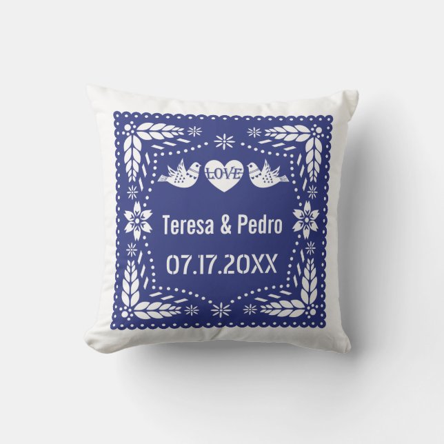 Blue papel picado love birds wedding fiesta cushion (Front)