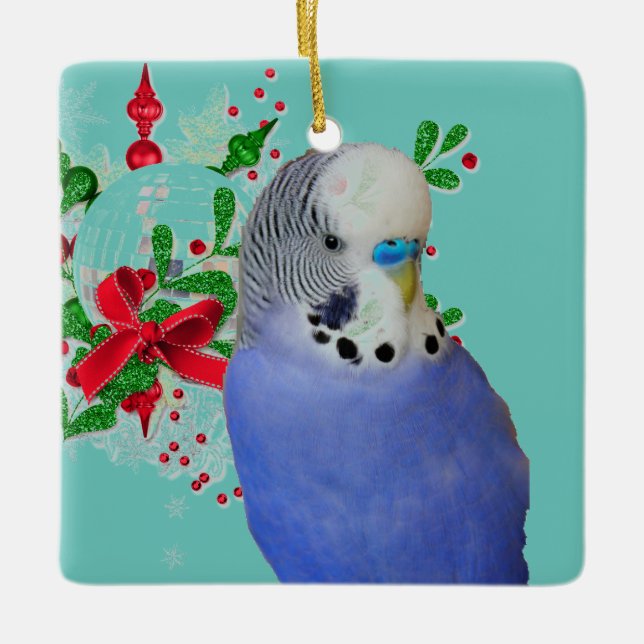 Blue Parakeet Ornament for the holidays (Front)